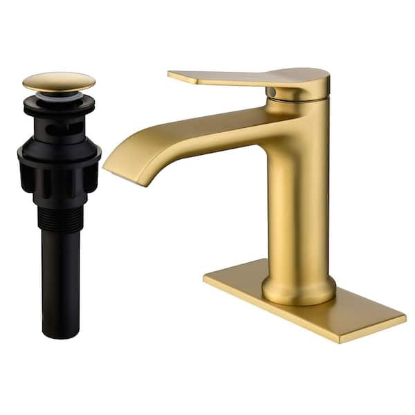Single Handle Single Hole Bathroom Faucet with Drain Assembly and Deckplate Waterfall Vanity Sink Taps in Brushed Gold