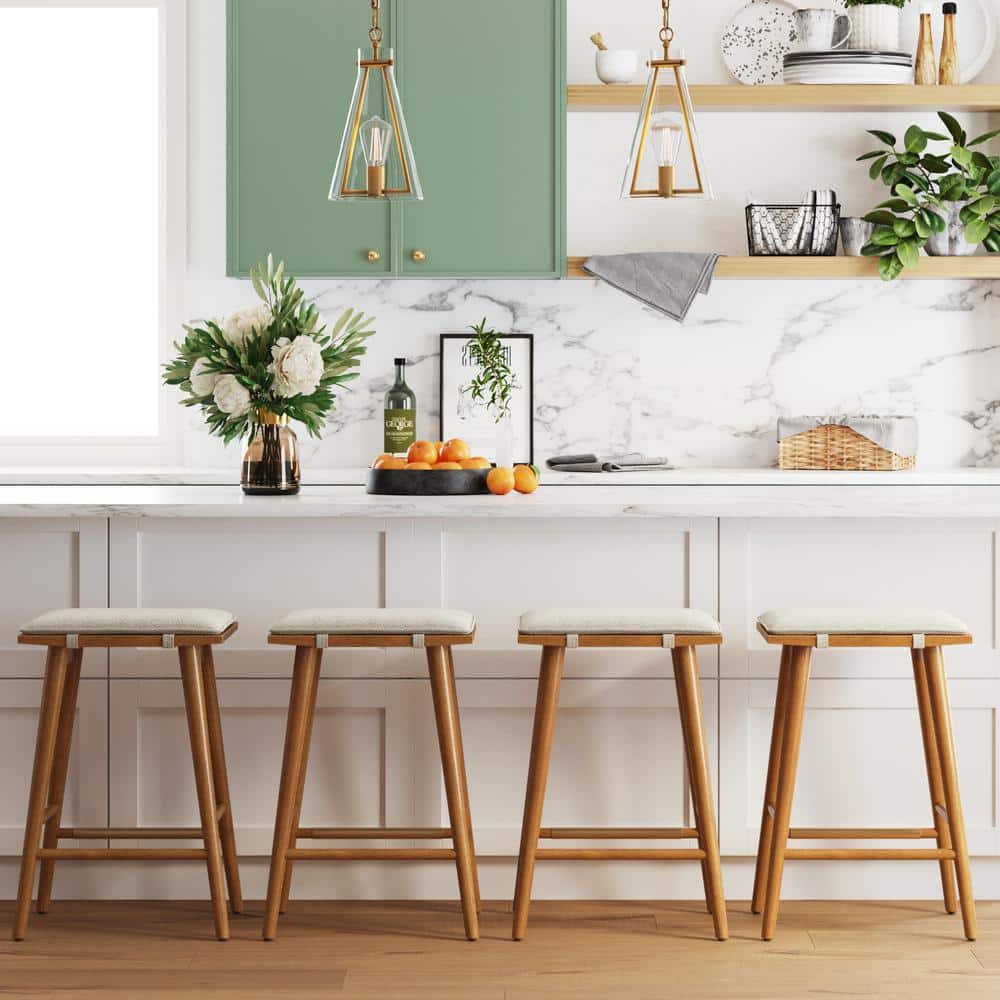 Brown Wood and Metal Backless Saddle Barstool with Padded Seat
