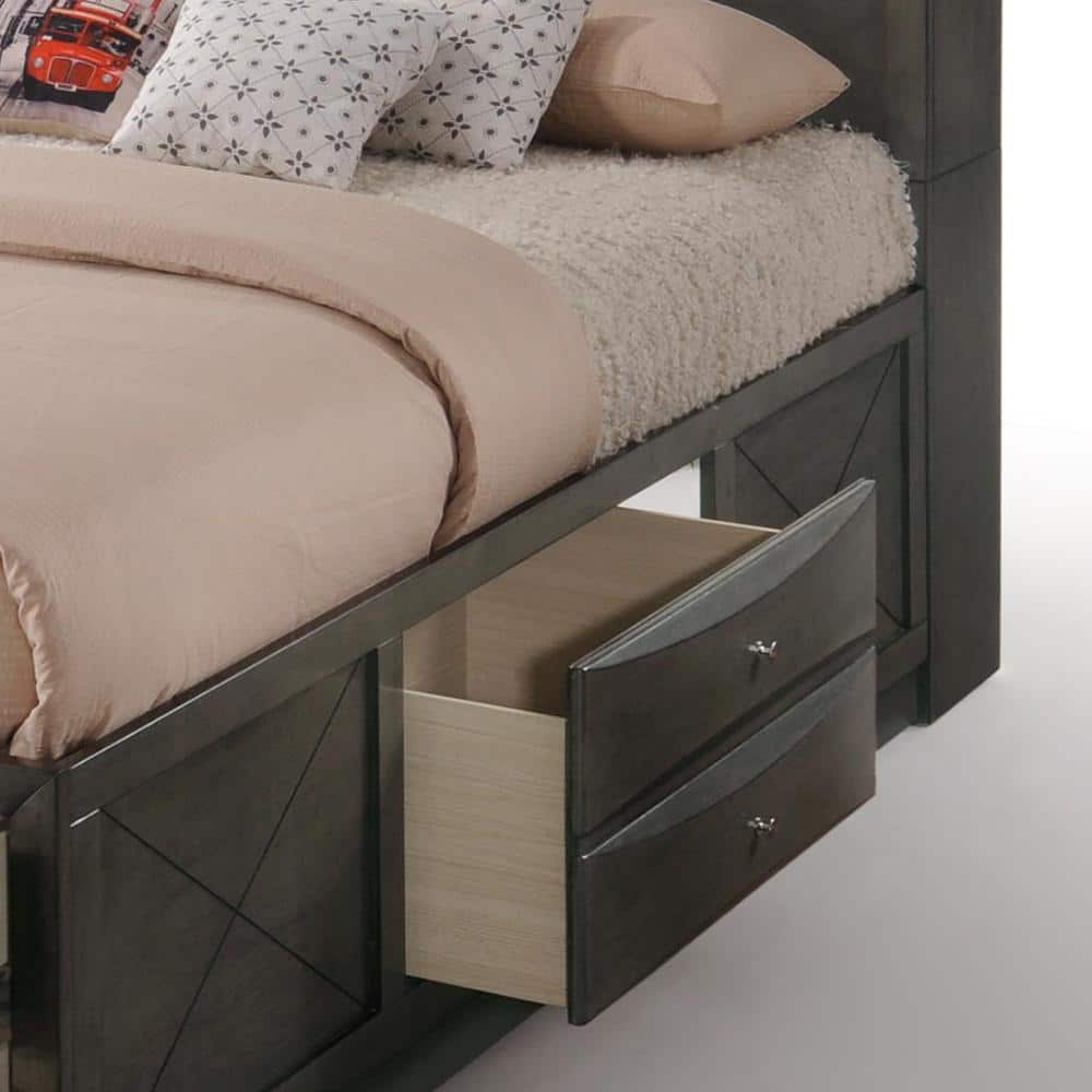Gray Oak Upholstered King Captain's Bed with Bookcase Storage