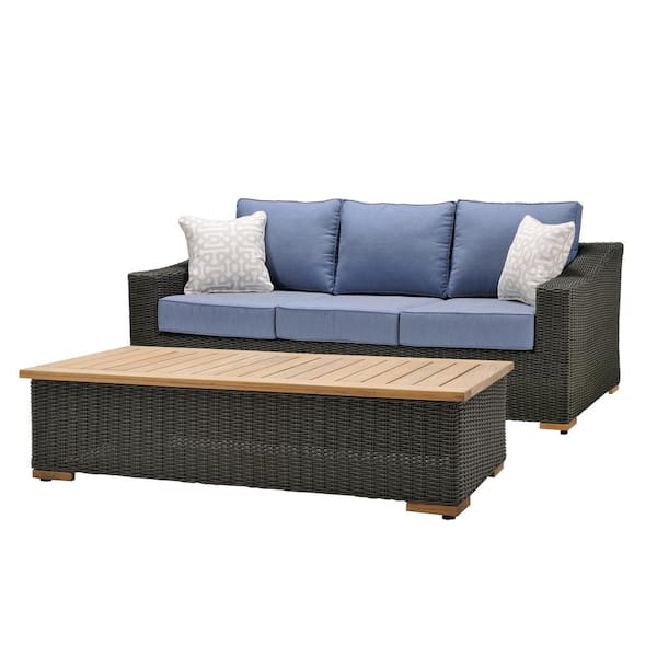 LA-Z-BOY New Boston 2-Piece Wicker Outdoor Sofa and Coffee Table Set with Sunbrella Spectrum Denim Cushion