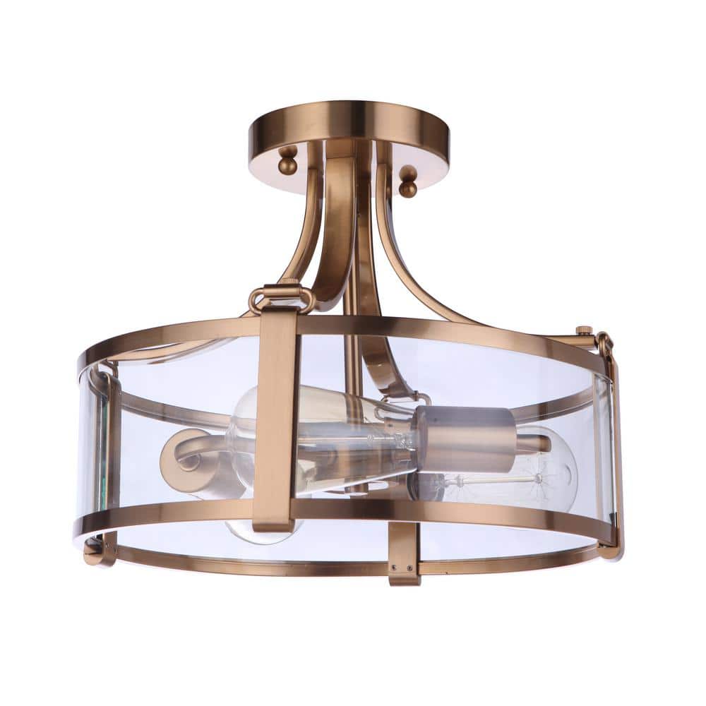 Satin Brass and Clear Glass Drum Semi-Flush Mount Light
