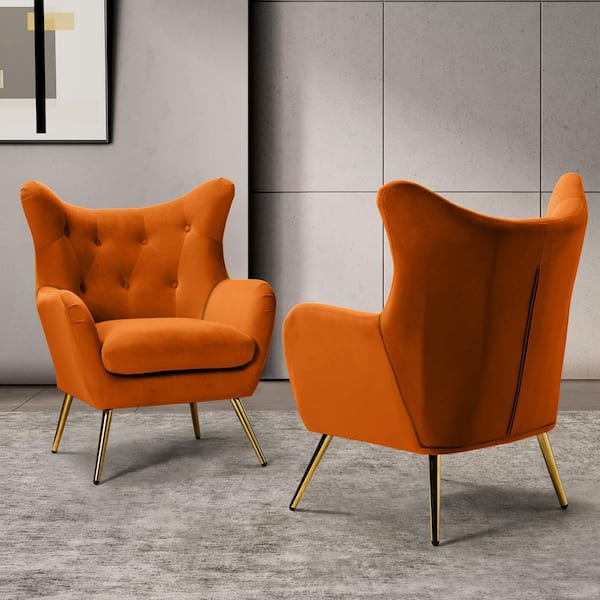 JAYDEN CREATION Jacob Orange Velvet Wingback Chair with Tufted Cushions (Set of 2)