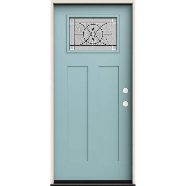 JELD-WEN 36 in. x 80 in. Left-Hand 1/4 Lite Craftsman Tryon Decorative Glass Serenity Fiberglass Prehung Front Door
