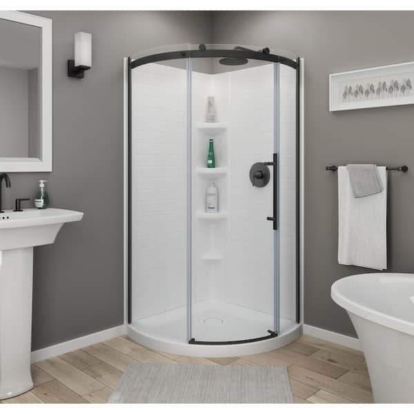 Ovation Curve 36 in. W x 72 in. H Round Sliding Semi Frameless Corner Shower Door in Matte Black with Clear Glass
