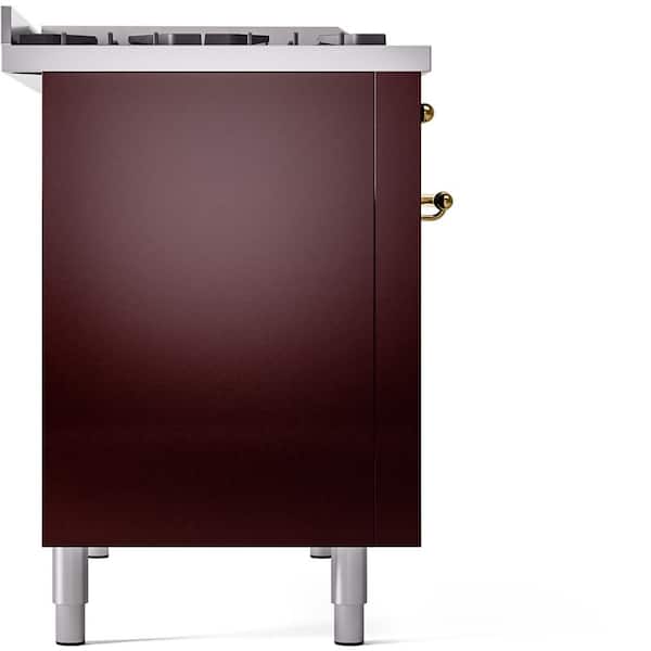 Nostalgie II 48 in. Dual Fuel Liquid Propane Range with 8 Burners, Griddle, Brass Trim in Burgundy