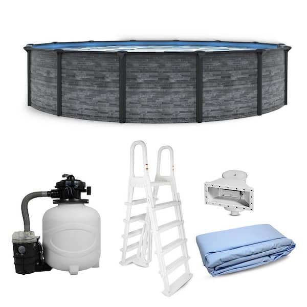 Marbella 24 ft. Round 52 in. Deep Above Ground Pool Package with 6 in. Top Seats, Sand Filter, Ladder, Skimmer, Liner