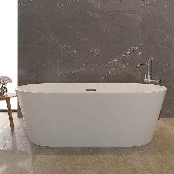 59 in. x 31.1 in. Acrylic Freestanding Contemporary Soaking Bathtub with Overflow and Drain in Gloss White