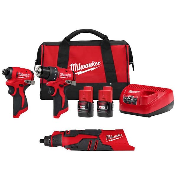 Milwaukee M12 12-Volt Lithium-Ion Brushless Cordless Subcompact Drill and Impact Driver Combo Kit w/ Brushless Rotary Tool(2-Tool)
