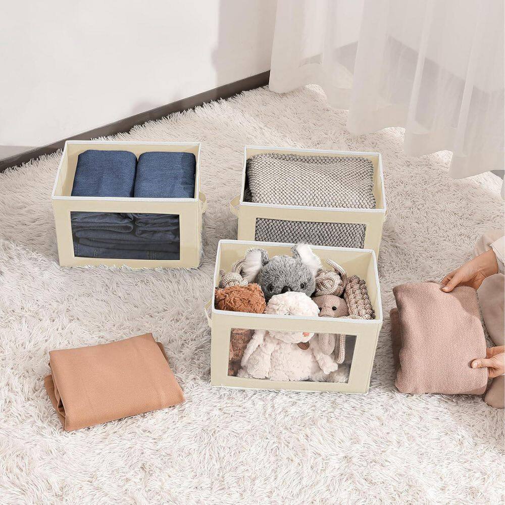 Beige 14.9 in. x 9.8 in. Fabric Foldable Decorative Basket with Lids Set of 3