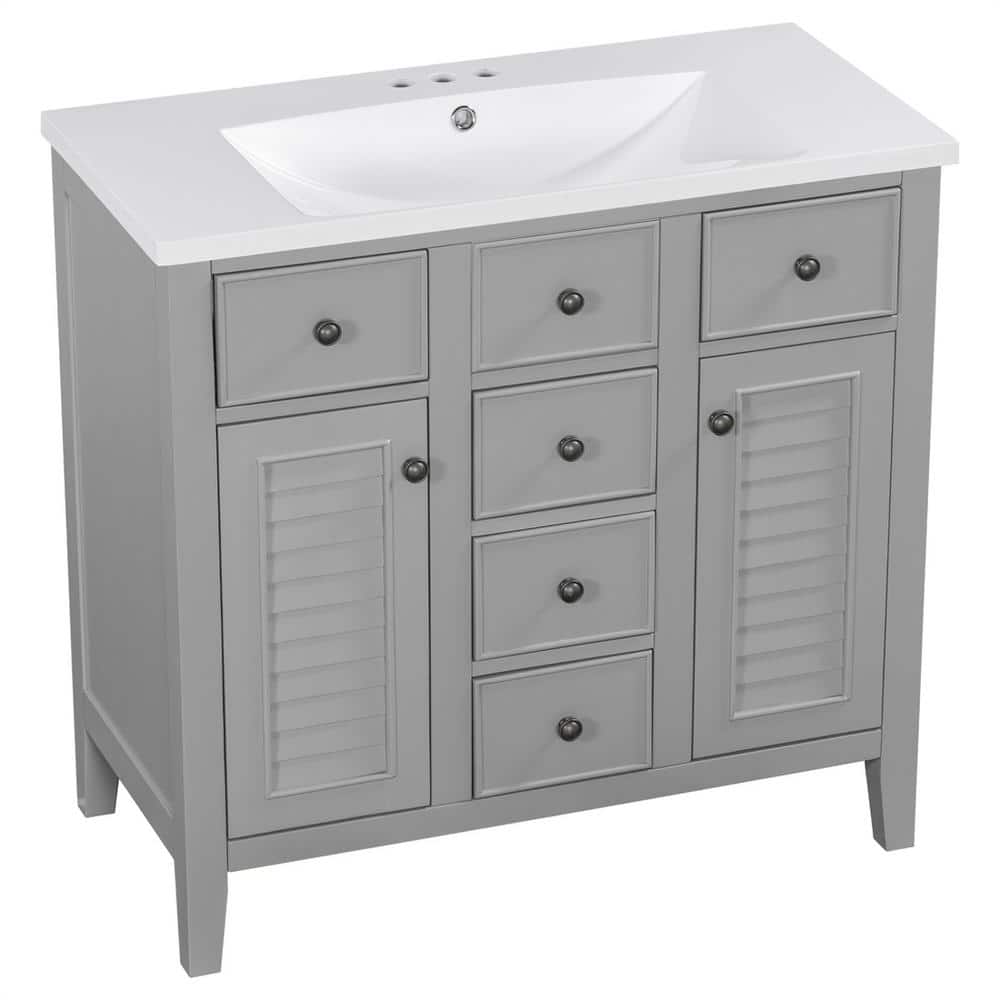 36 Bathroom Vanity with Ceramic Basin, 2 Cabinets and Five Drawers, Soli