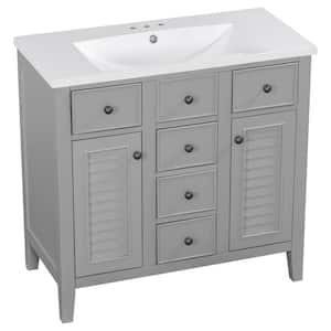 36" Bathroom Vanity with Ceramic Basin, 2 Cabinets and Five Drawers, Solid Wood Frame, Grey