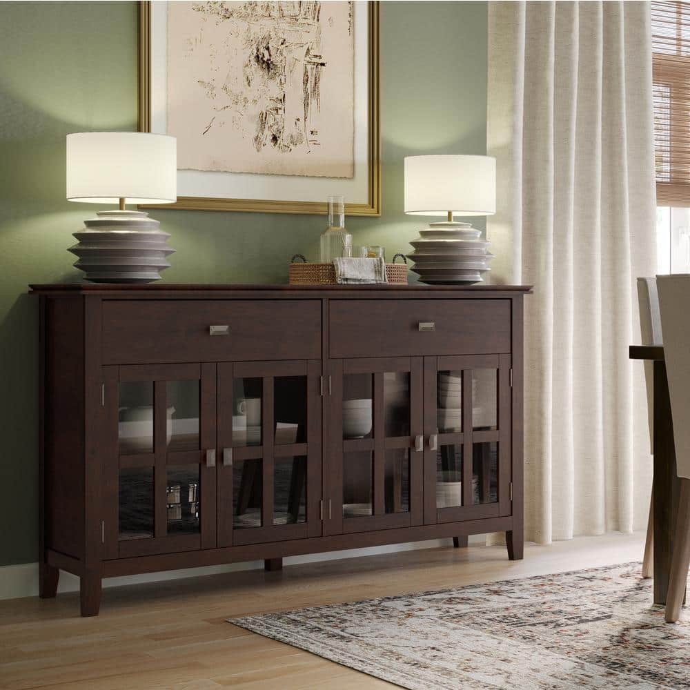 Simpli Home Artisan SOLID WOOD 60 inch Wide Transitional Large 4 Door Sideboard Buffet in Dark