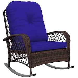 Wicker Outdoor Rocking Chair with Wide Seat, Thick, Soft Dark Blue Cushion for Patio, Garden, Backyard
