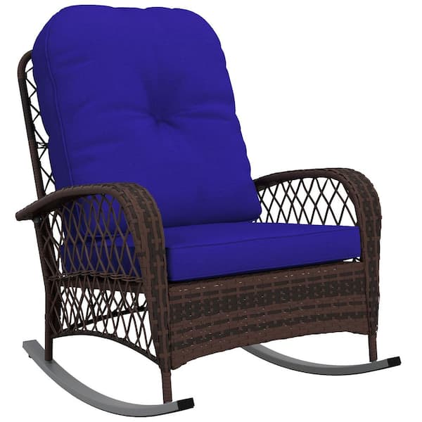 Outsunny Wicker Outdoor Rocking Chair with Wide Seat, Thick, Soft Dark Blue Cushion for Patio, Garden, Backyard