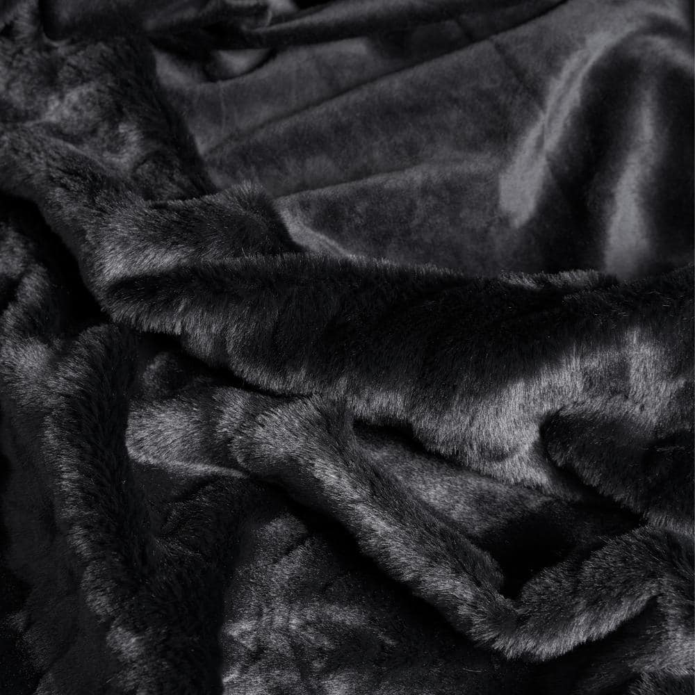 Black Embossed Cable Faux Fur Reversible Throw Blanket 50" x 70"