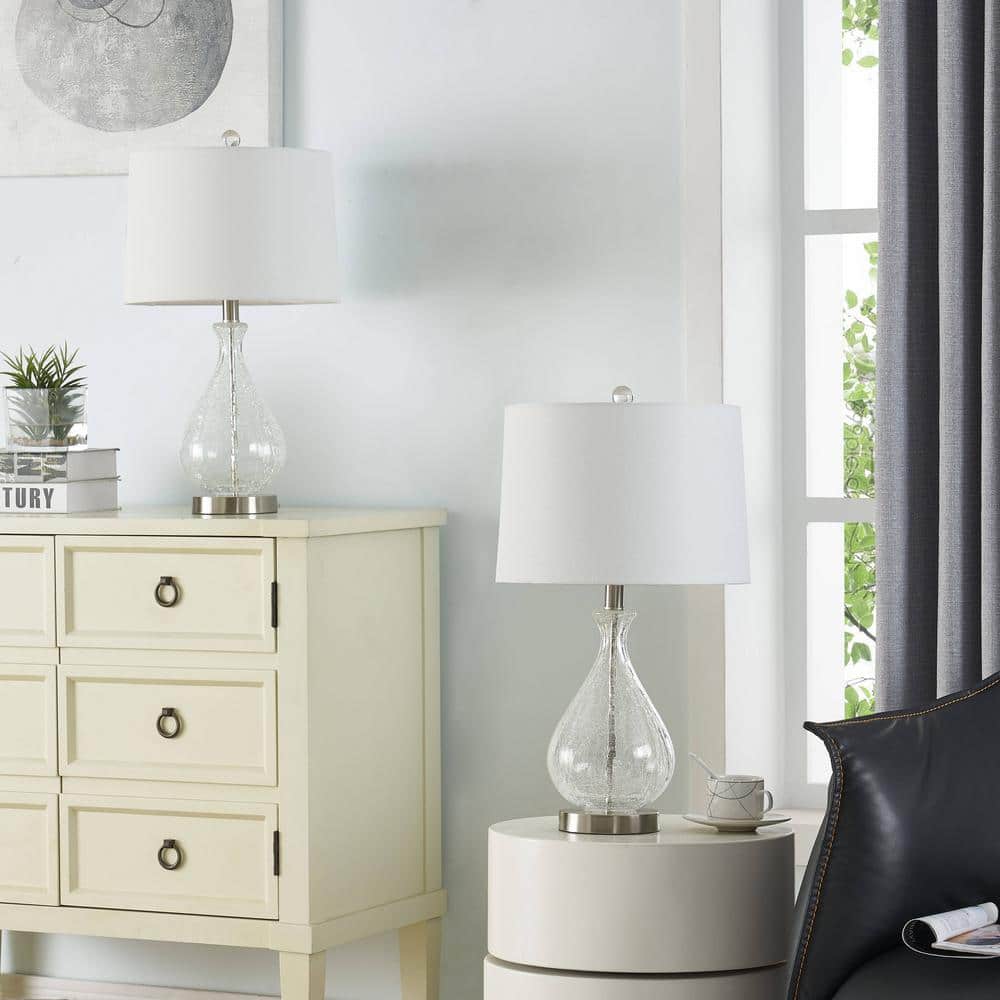 Clear Glass Teardrop Table Lamp Set with White Linen Shade