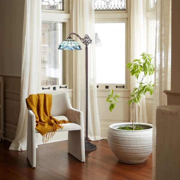 River of Goods Sophia 60 in. Bronze Side Arm Candlestick Arc 1-Light Traditional Tiffany-style Floor Lamp with Stained Glass Bowl Shade