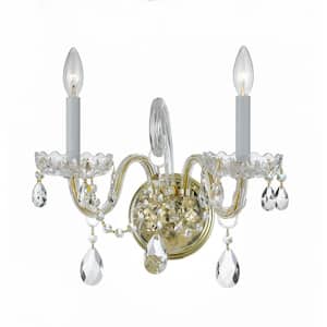 Traditional Crystal 15 in. 2-Light Polished Brass Wall Sconce