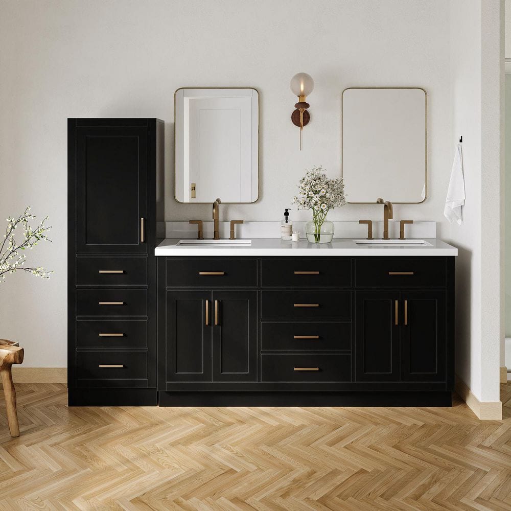 Hepburn 67 in. Double Sink Bath Vanity with Pure White Quartz Top and Linen Cabinet in Black price history on PriceWatchPro
