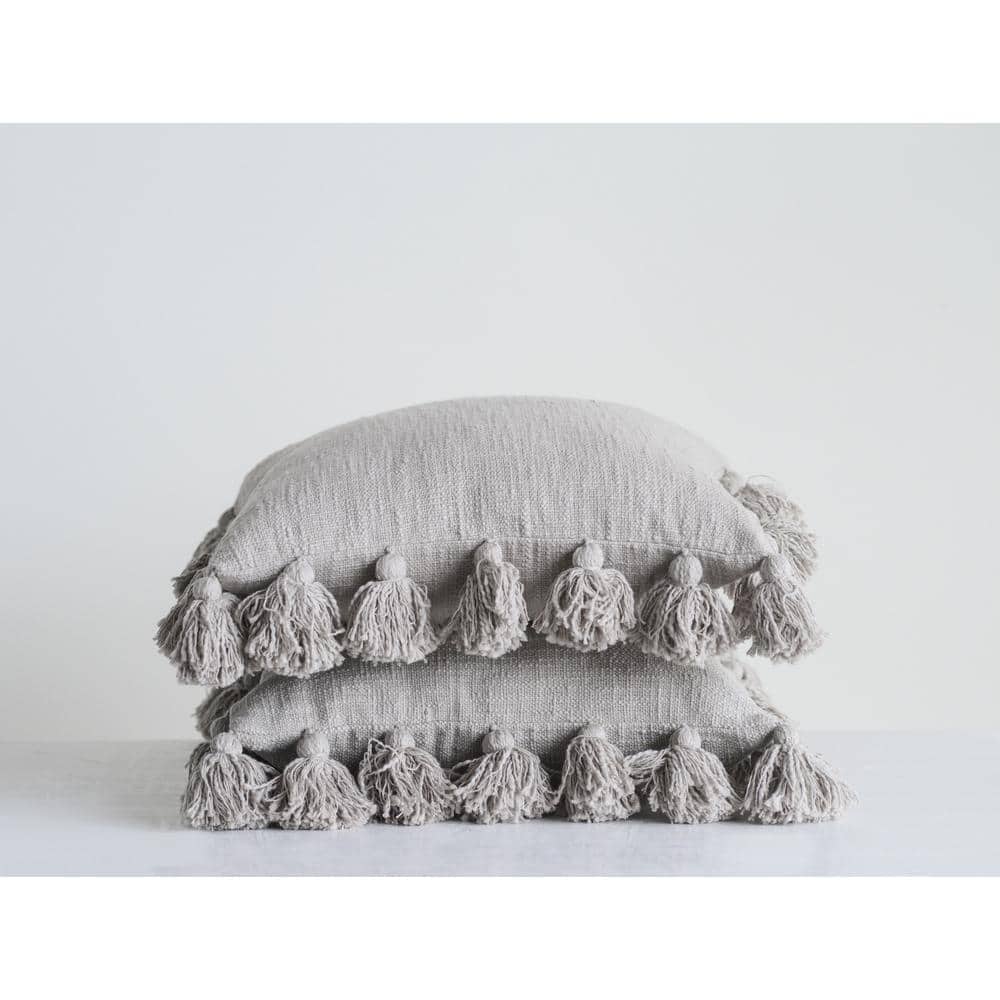 Gray Square Cotton Slub Pillow with Tassels