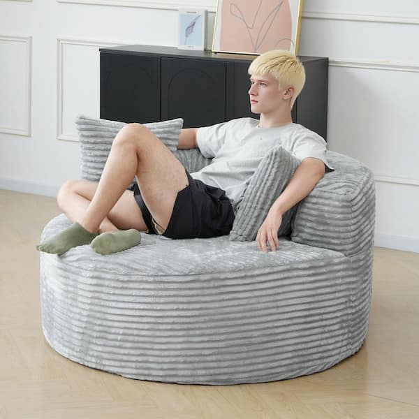 50 in. Gray Corduroy Armless Deep Seat Round Single Sofa with Pillow for Living Room, Bedroom Apartment