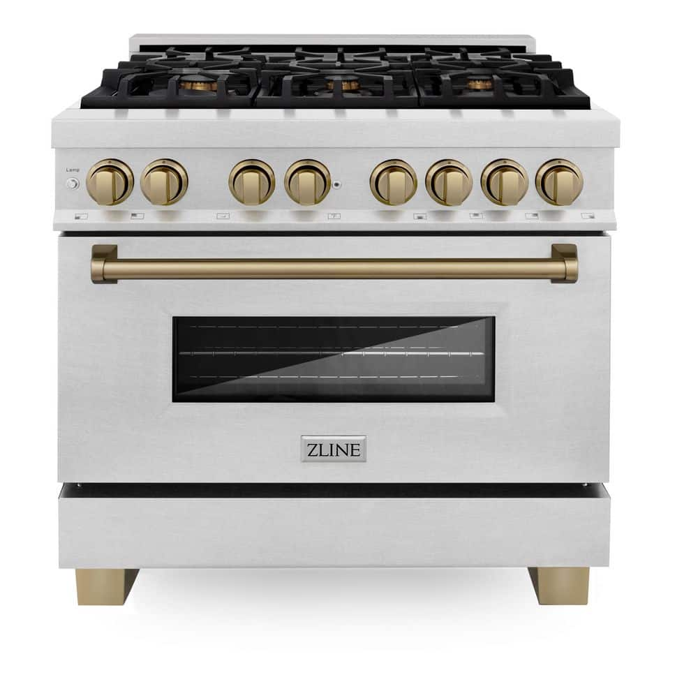 ZLINE Kitchen and Bath Autograph Edition 36 in. 6 Burner Dual Fuel Range in Fingerprint Resistant Stainless Steel and Champagne Bronze