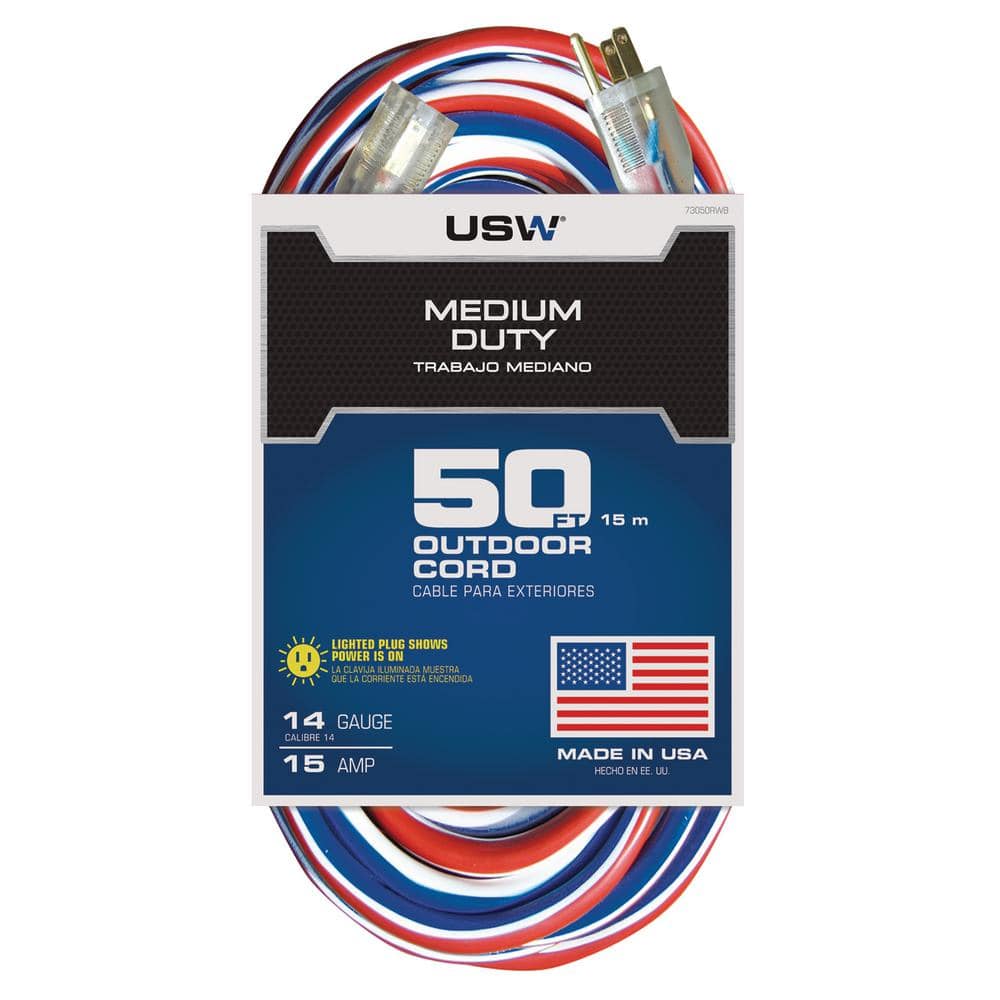 Wire and Cable 50 ft. 14/3 Medium Duty Red White and Blue Indoor/Outdoor  Lighted Extension Cord 73050RWB The Home Depot