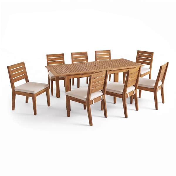 9-Piece Rectangle Natural Solid Wood Top Outdoor Dining Table Set with Beige Cushion Seats 8