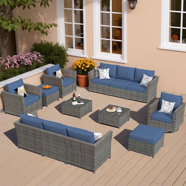 OVIOS Bexley Gray 13-Piece Wicker Patio Conversation Seating Set with Denim Blue Cushions and Swivel Chairs