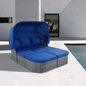 Gray 6-Piece Wicker Outdoor Patio Sofa Sunbed Set with Blue Cushions, Retractable Canopy