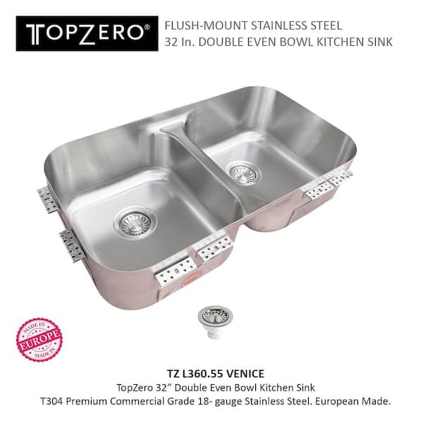 TopZero 18-Gauge Stainless Steel 32 in. Low-Divide Double