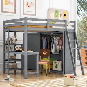 Gray Full Size Wood Loft Bed with Wardrobe, Built-in Desk, Storage Shelves and Inclined Ladder
