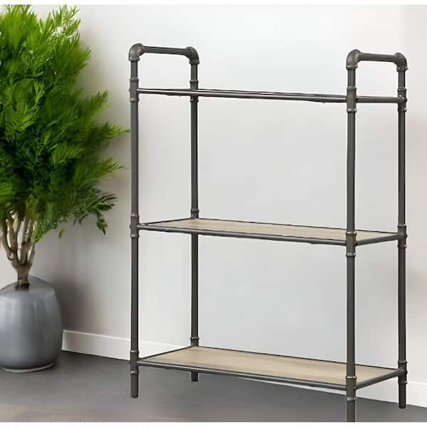 HomeRoots 36 in. Tall Gray, Brown Metal 3 Shelf Standard Bookcase