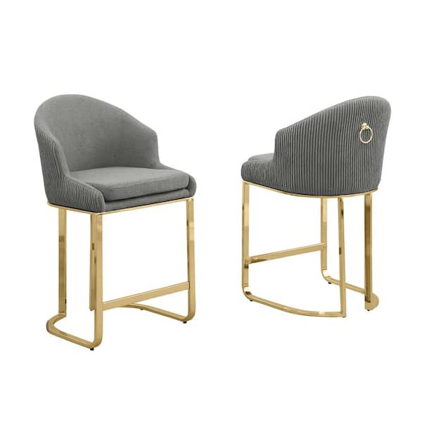 Best Quality Furniture Rodrigo 29 in. Dark Grey Low Back Metal Frame Gold Chrome Iron Legs Bar Stool With Teddy Fabric Set of 2