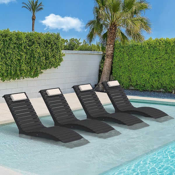 Black HDPS Plastic Outdoor Chaise Lounge UV Protection Waterproof Pool Lounge Chairs with Headrest Set of 4