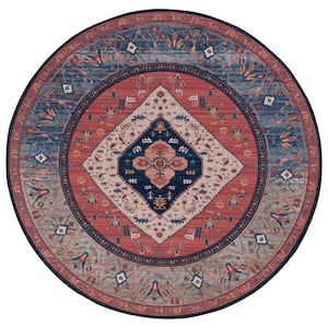 Tucson Red/Blue 6 ft. x 6 ft. Machine Washable Floral Border Round Area Rug
