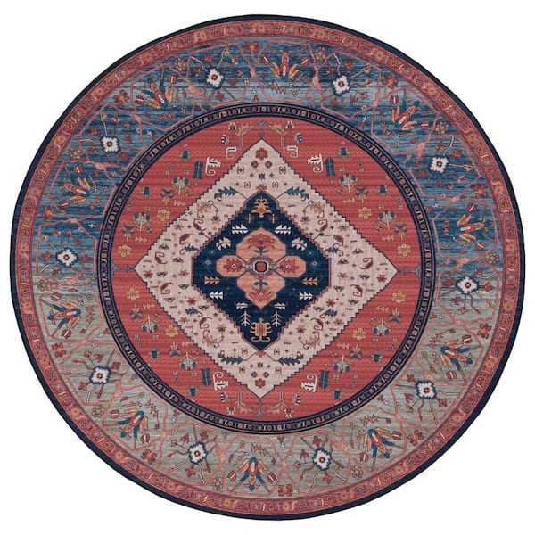 Tucson 3 ft. x 3 ft. Rust/Blue Machine Washable Ornate Border Round Area Rug
