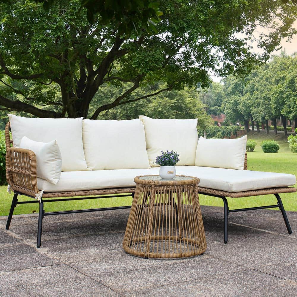 Natural 3-Piece Wicker Outdoor L Shape Couch with Beige Cushion