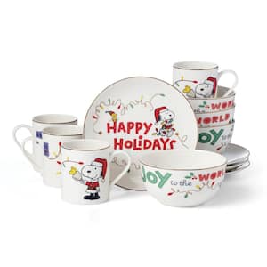 Snoopys Christmas 12-Piece Ivory Multi-Colored Porcelain Dinnerware Sets (Service for 4)