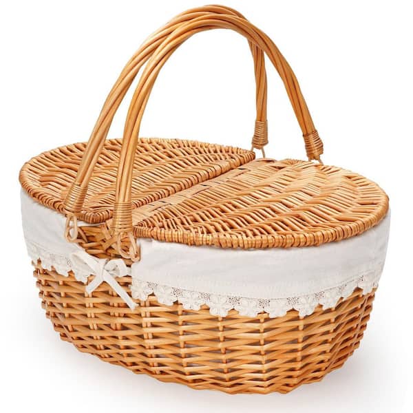 15 in. x 12 in. x 14 in. Natural Handmade Wicker Picnic Baskets with Removable Liner, Empty Picnic Baskets with Lid