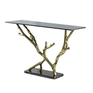 16.1 in. Black and Gold Rectangle Glass Top Console Table with Metal Frame