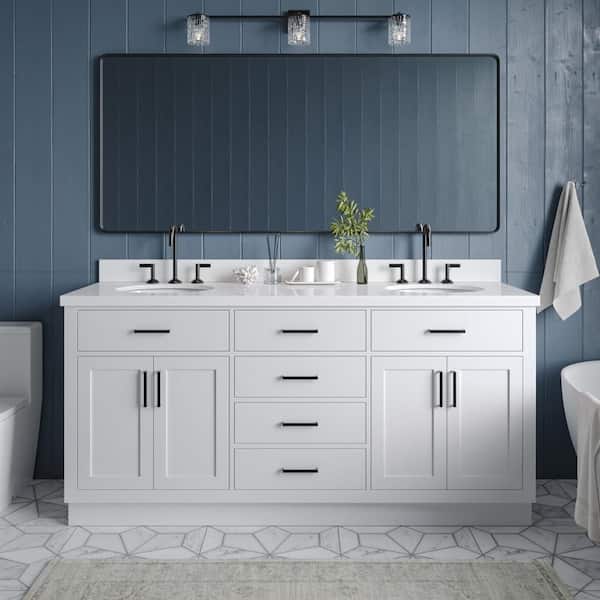 ARIEL Hepburn 73 in. W x 22 in. D x 36 in. H Bath Vanity in White with Pure Quartz Vanity Top with White Basins
