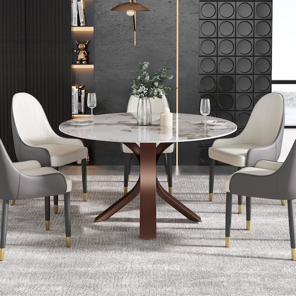 J&E Home Pandora Glossy Sintered Stone Top 53. 13 in. Pedestal Round Dining Table with Carbon Steel Leg Seats 6
