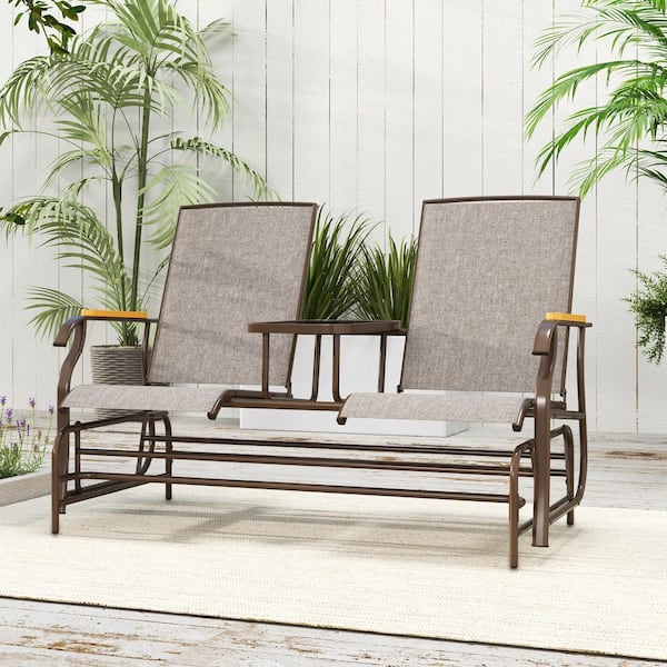 Outsunny 2-Person Outdoor Metal Glider Bench, Patio Swing Chair Loveseat with Breathable Mesh, Table, Steel Frame for Garden