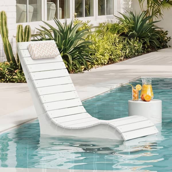 1-Piece White HDPS Plastic Aquawave Pool Lounge Chairs Outdoor Chaise Lounge with Headrest for Adults in Pool