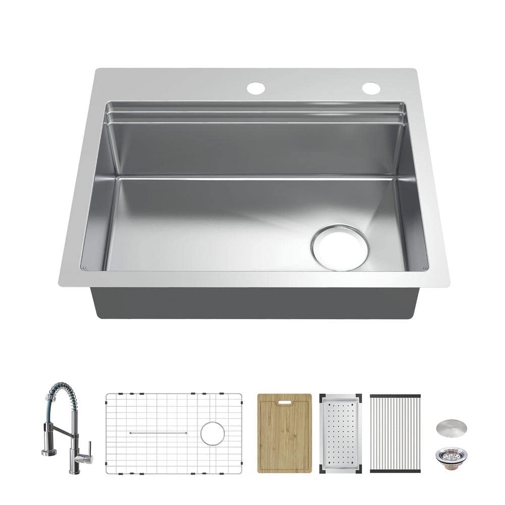 Dolancourt Tight Radius 27 in. Drop-In Single Bowl 18G Stainless Steel Workstation Kitchen Sink with Spring Neck Faucet -  Glacier Bay, FSD2R2722A1SA1