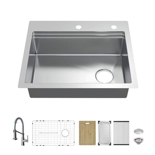 Glacier Bay Dolancourt Tight Radius 27 in. Drop-In Single Bowl 18G Stainless Steel Workstation Kitchen Sink with Spring Neck Faucet