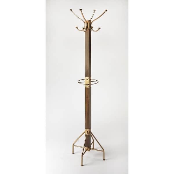 Butler Specialty Company Logan Brown and Gold Square Antique Wood Coat Rack/Tree 74 in. H x 18 in. W x 18 in. D