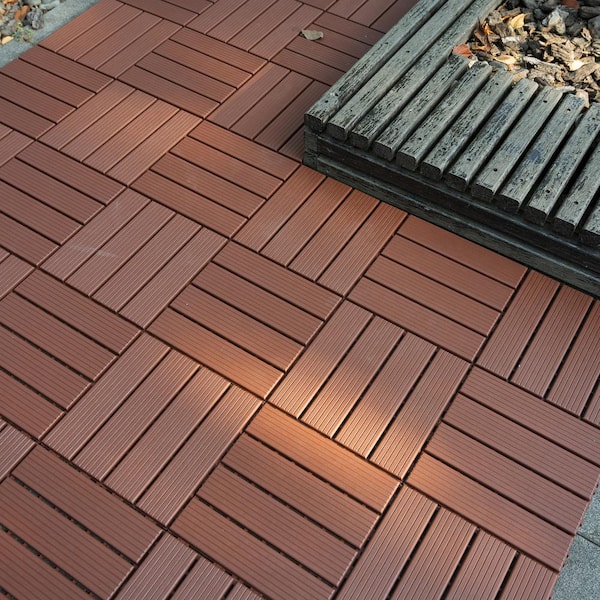 GOGEXX 12in.Wx12in.L Outdoor Backyard Striped Pattern Square PVC Interlocking Flooring Deck Tiles(Pack of 44Tiles)Brown