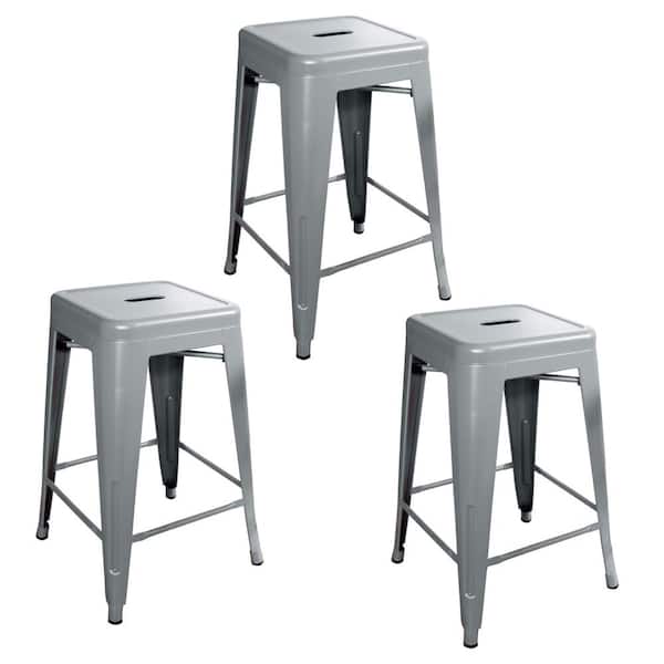 AmeriHome Loft Style 24 in. Silver Stackable Metal Bar Stool (Set of 3)